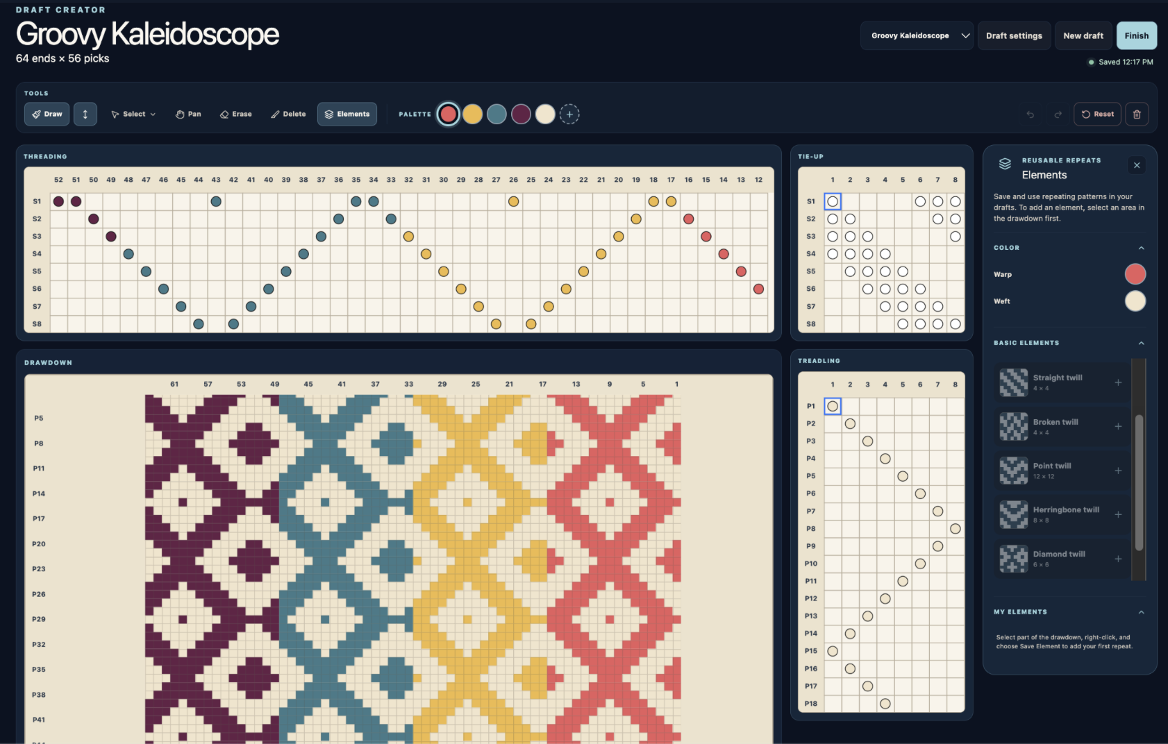 Loomside Draft Creator showing the colorful Groovy Kaleidoscope drawdown alongside its threading, tie-up, and treadling charts