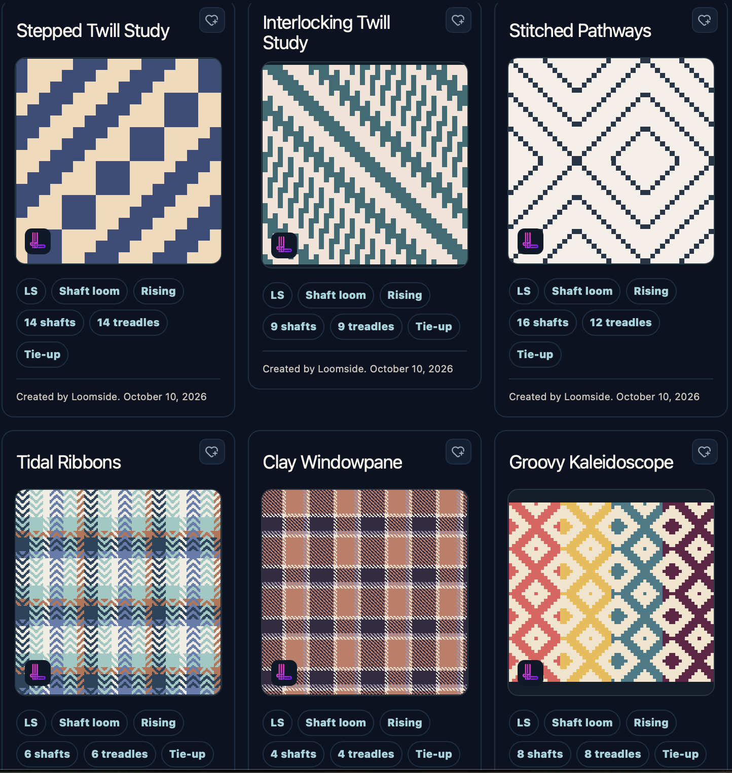 Six colorful weaving drafts in the Loomside Community, including Stepped Twill Study and Groovy Kaleidoscope
