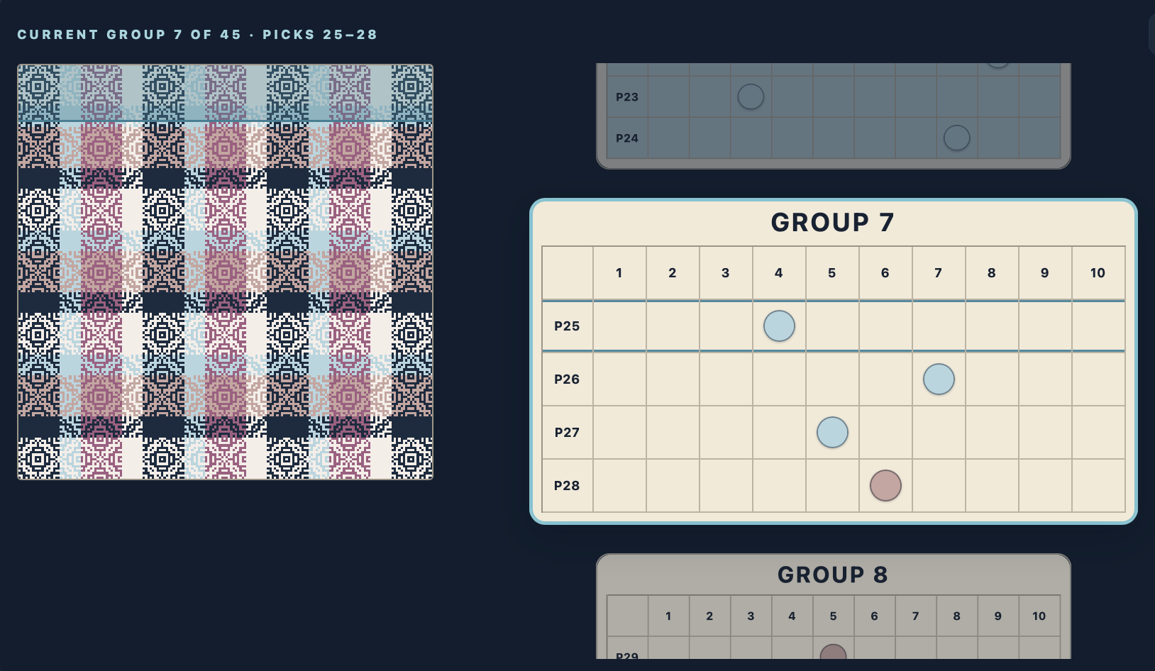 Close view of woven cloth beside Group 7's four-pick treadling chart in the Loomside Weaving Assistant
